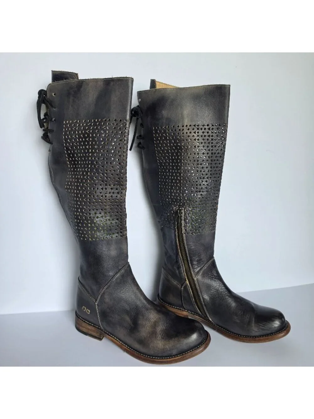 Bed Stu Cobbler Series Black Distressed Leather Tall Boots Women's 8 Perforated
